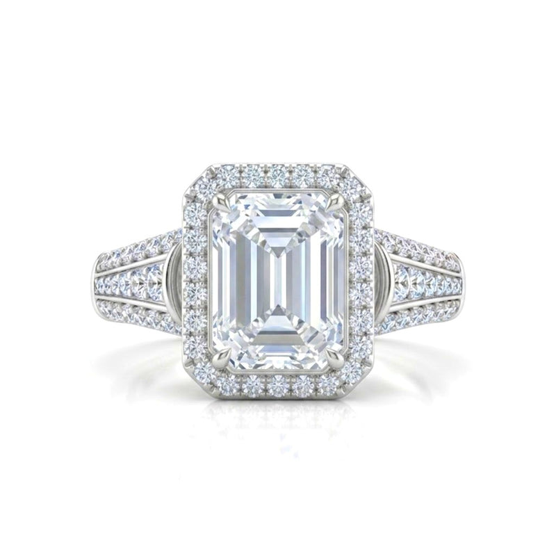 Silver Emerald Diamond Halo Engagement Ring With Triple Split Pave Shank