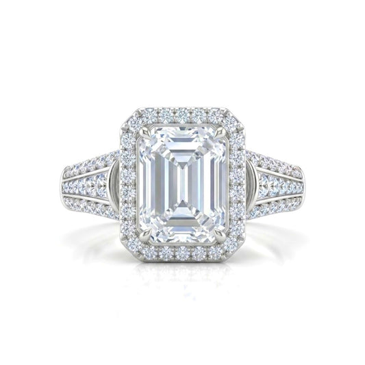 Silver Emerald Diamond Halo Engagement Ring With Triple Split Pave Shank