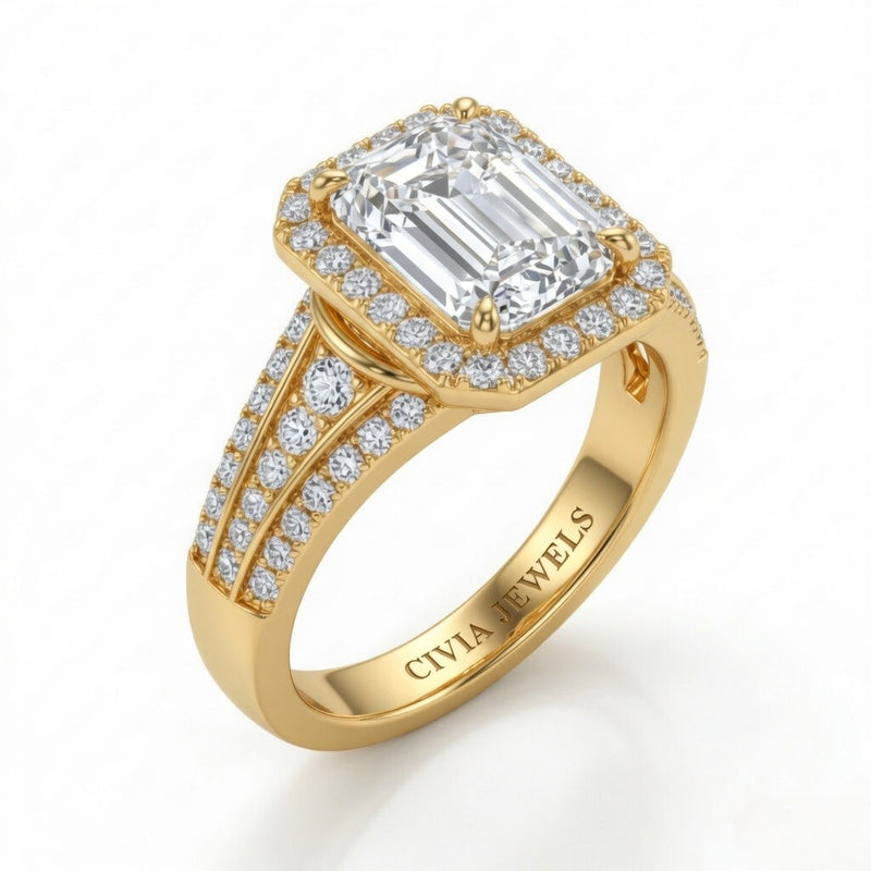 Yellow Gold Emerald Diamond Halo Engagement Ring With Triple Split Pave Shank