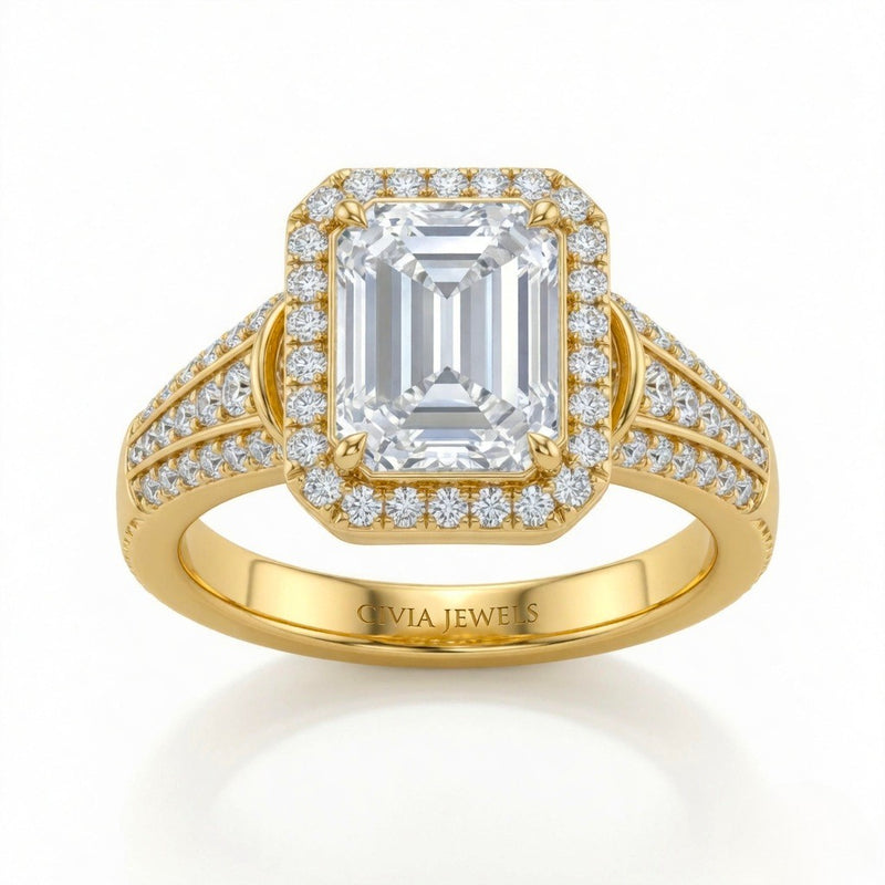 Yellow Gold Emerald Diamond Halo Engagement Ring With Triple Split Pave Shank