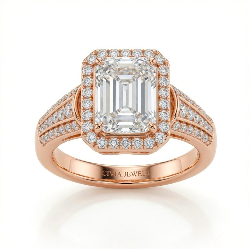 Rose Gold Emerald Diamond Halo Engagement Ring With Triple Split Pave Shank