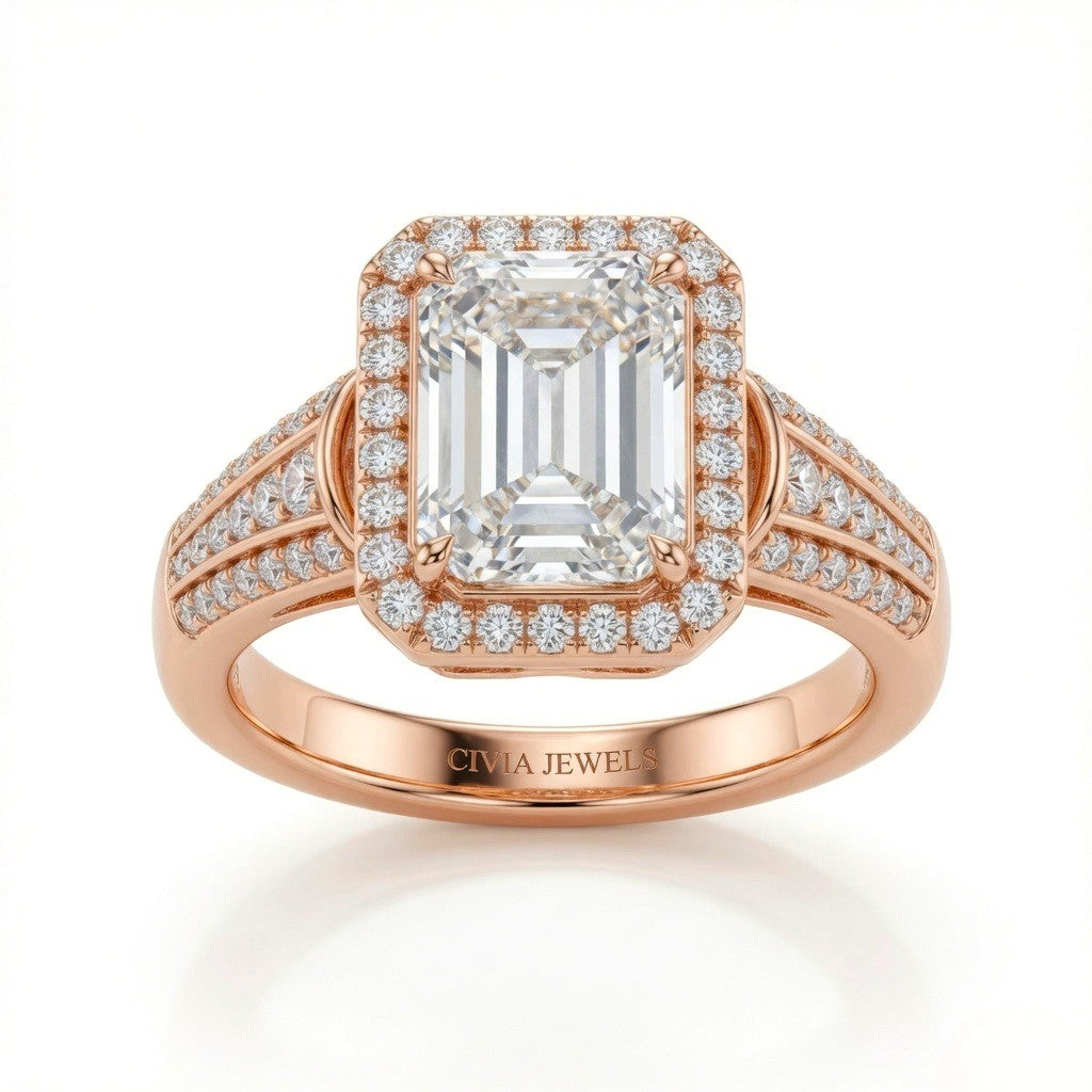 Rose Gold Emerald Diamond Halo Engagement Ring With Triple Split Pave Shank