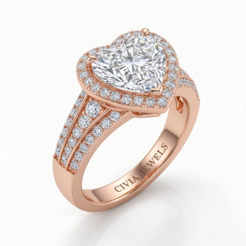 Rose Gold Heart Diamond Halo Engagement Ring With Triple Split Pave Shank