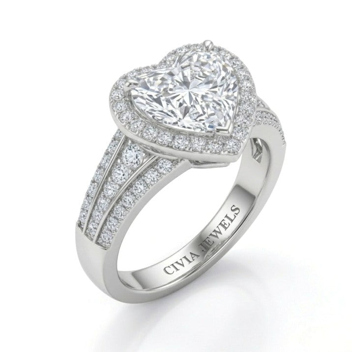 Silver Heart Diamond Halo Engagement Ring With Triple Split Pave Shank
