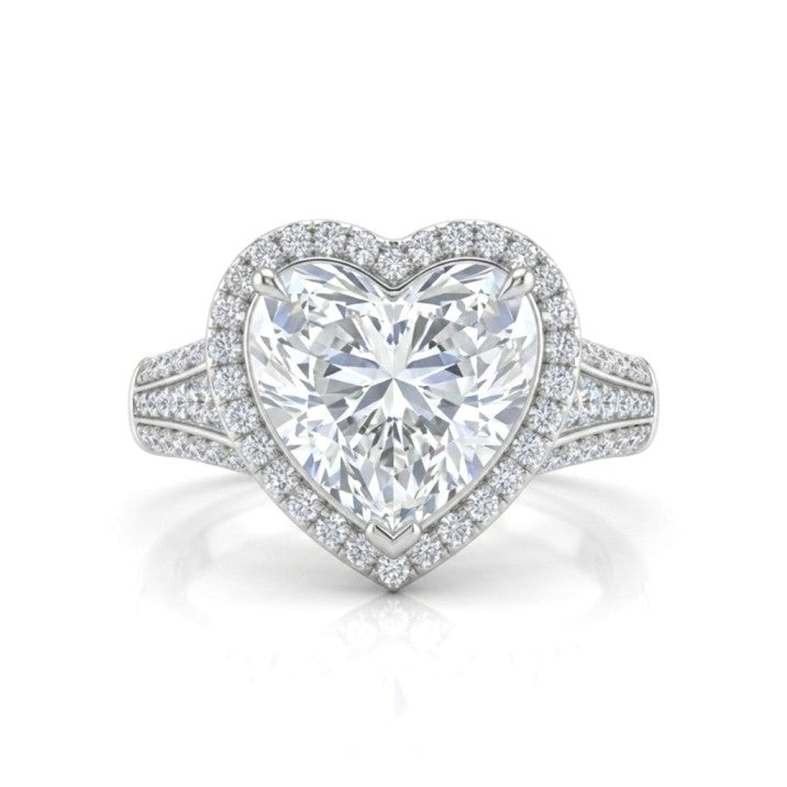 White Gold Heart Diamond Halo Engagement Ring With Triple Split Pave Shank