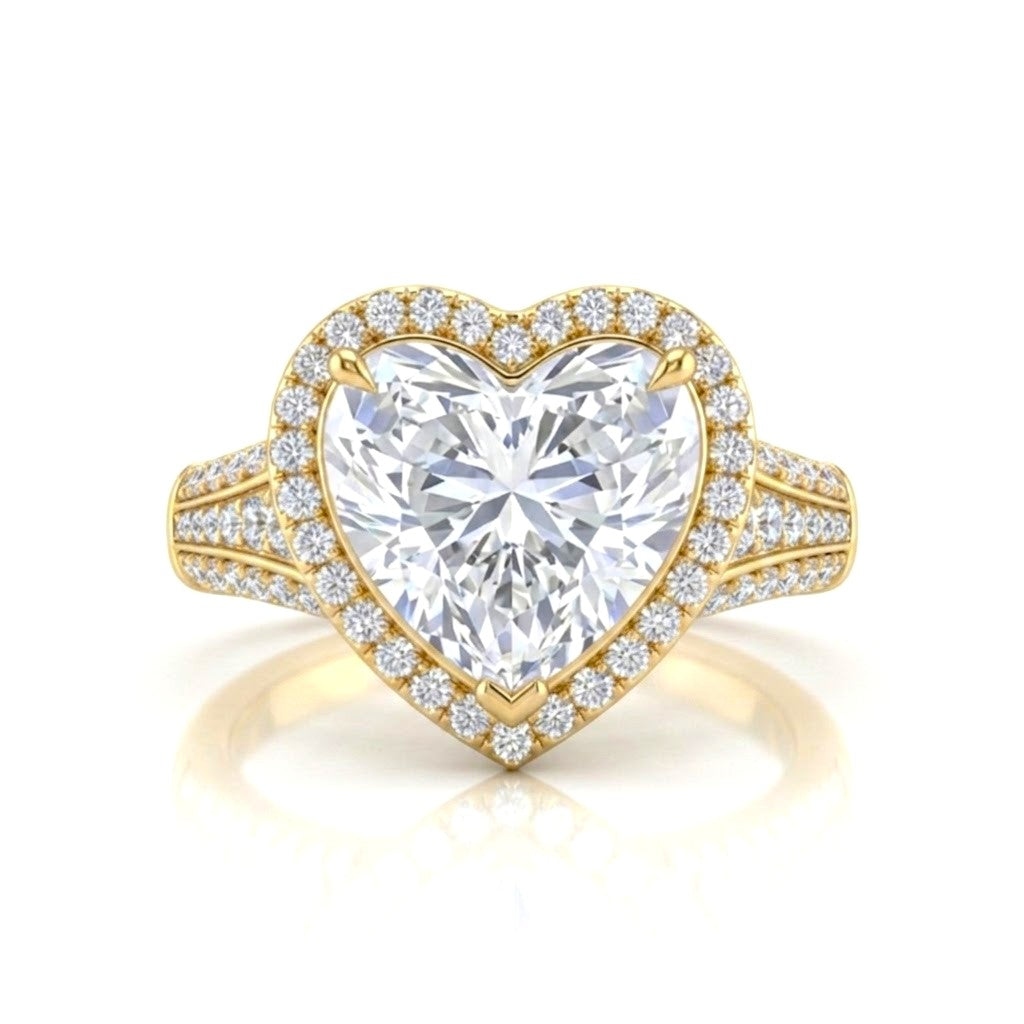 Yellow Gold Heart Diamond Halo Engagement Ring With Triple Split Pave Shank