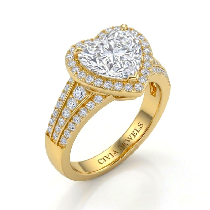 Yellow Gold Heart Diamond Halo Engagement Ring With Triple Split Pave Shank