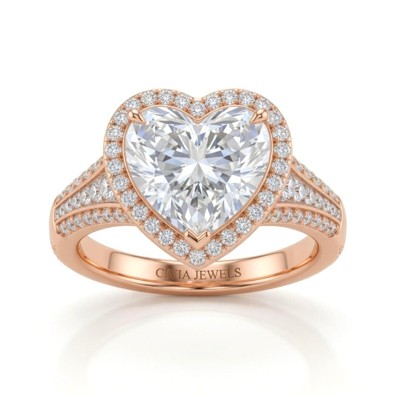 Rose Gold Heart Diamond Halo Engagement Ring With Triple Split Pave Shank