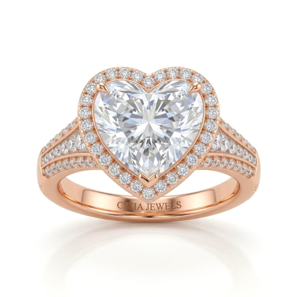 Rose Gold Heart Diamond Halo Engagement Ring With Triple Split Pave Shank