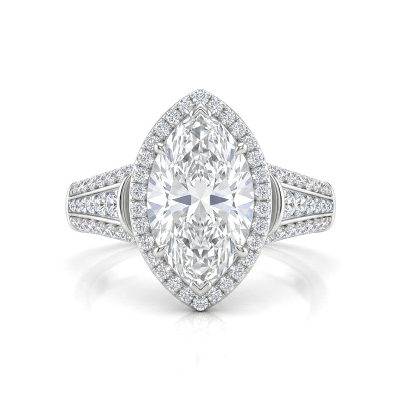 White Gold Marquise Diamond Halo Engagement Ring With Triple Split Pave Shank