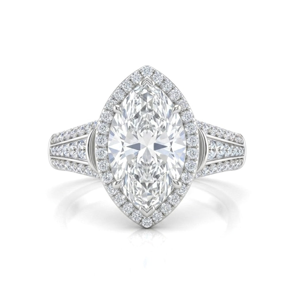 White Gold Marquise Diamond Halo Engagement Ring With Triple Split Pave Shank