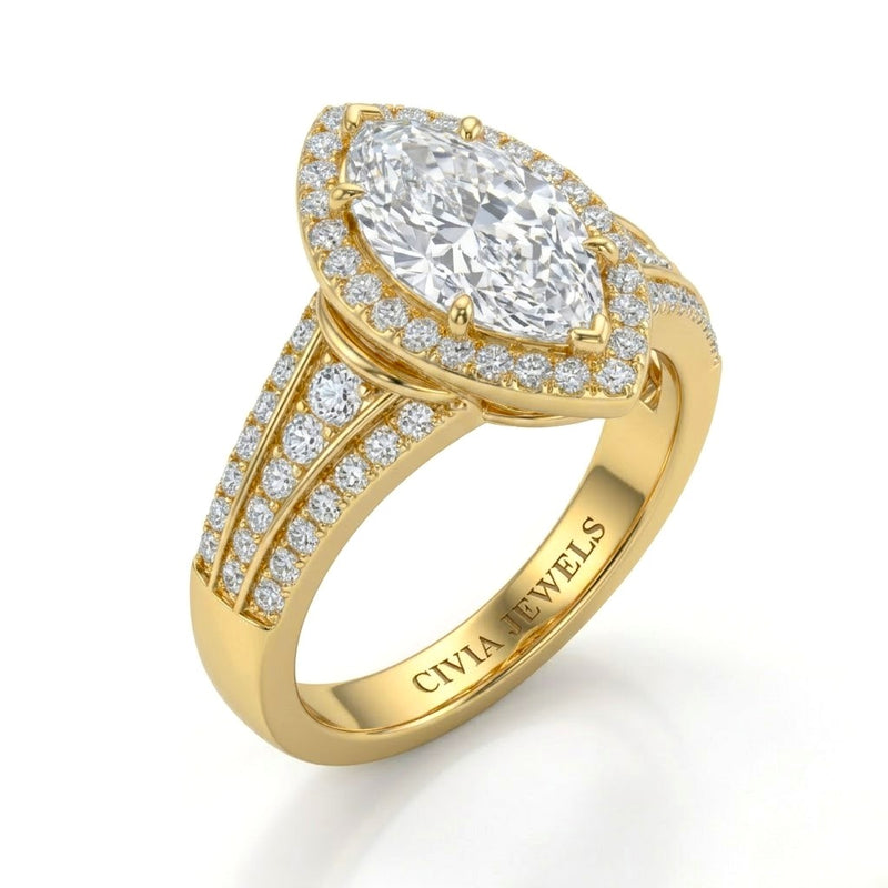Yellow Gold Marquise Diamond Halo Engagement Ring With Triple Split Pave Shank