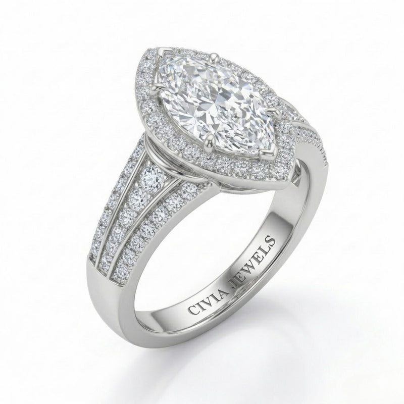Silver Marquise Diamond Halo Engagement Ring With Triple Split Pave Shank