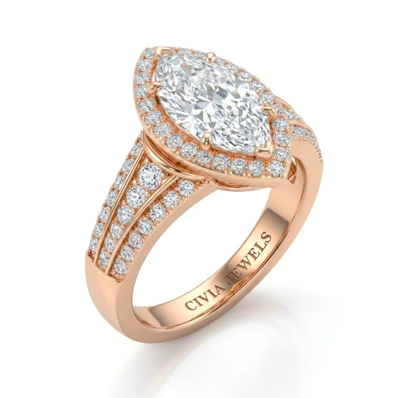 Rose Gold Marquise Diamond Halo Engagement Ring With Triple Split Pave Shank