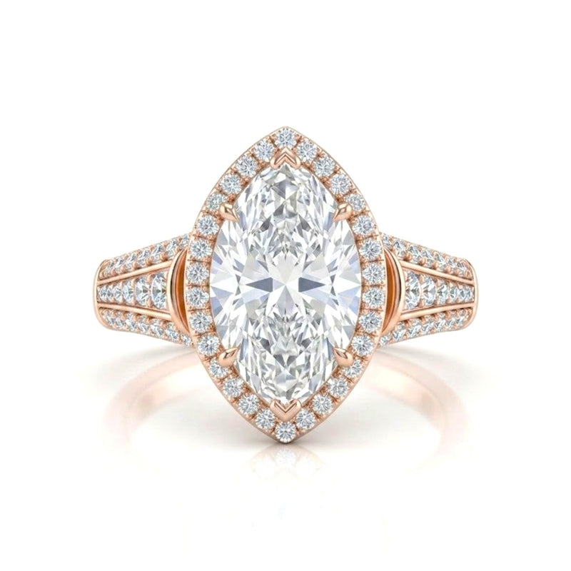 Rose Gold Marquise Diamond Halo Engagement Ring With Triple Split Pave Shank