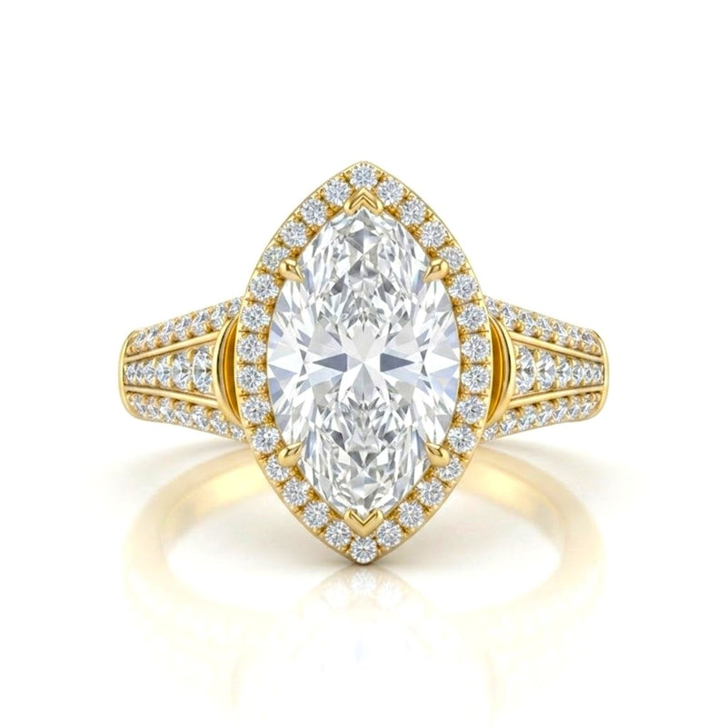 Yellow Gold Marquise Diamond Halo Engagement Ring With Triple Split Pave Shank