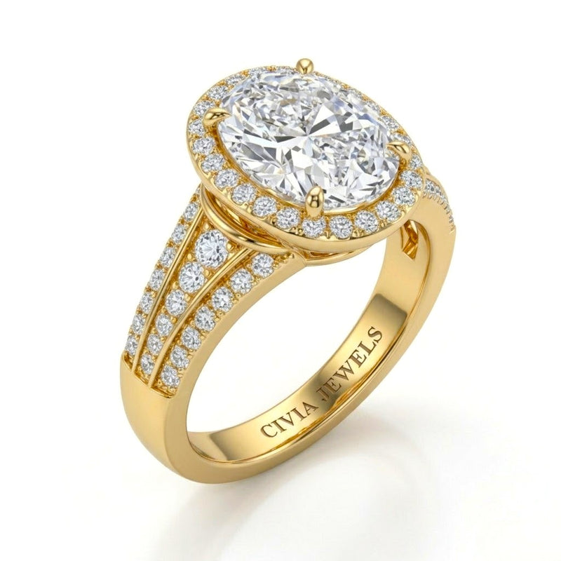 Yellow Gold Oval Diamond Halo Engagement Ring With Triple Split Pave Shank