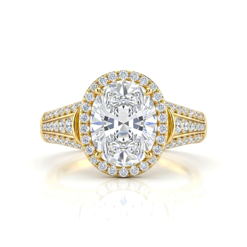 Yellow Gold Oval Diamond Halo Engagement Ring With Triple Split Pave Shank