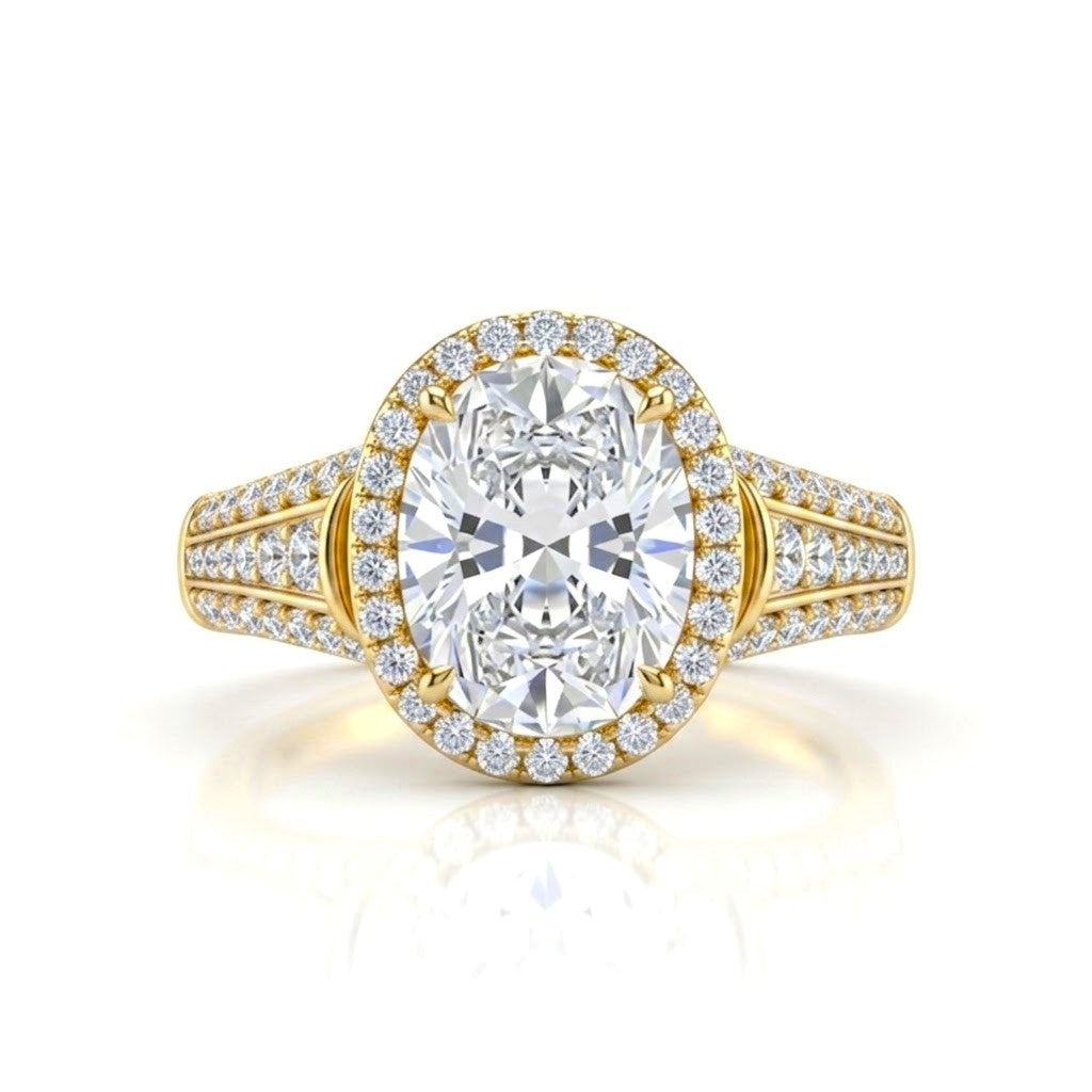 Yellow Gold Oval Diamond Halo Engagement Ring With Triple Split Pave Shank