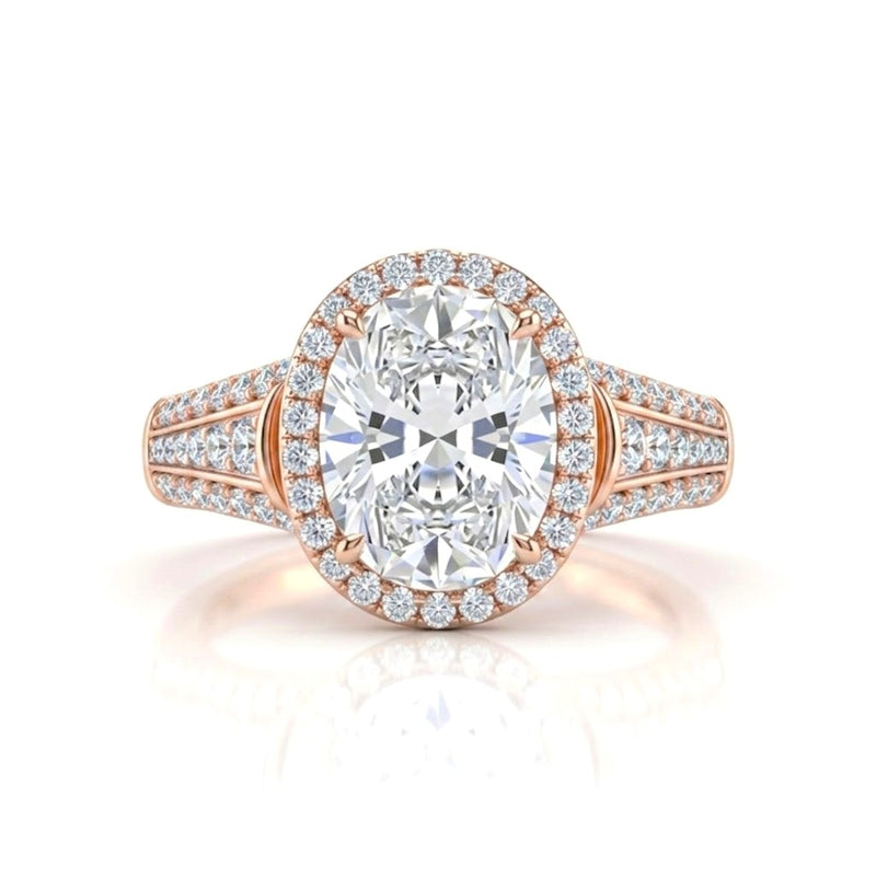 Rose Gold Oval Diamond Halo Engagement Ring With Triple Split Pave Shank