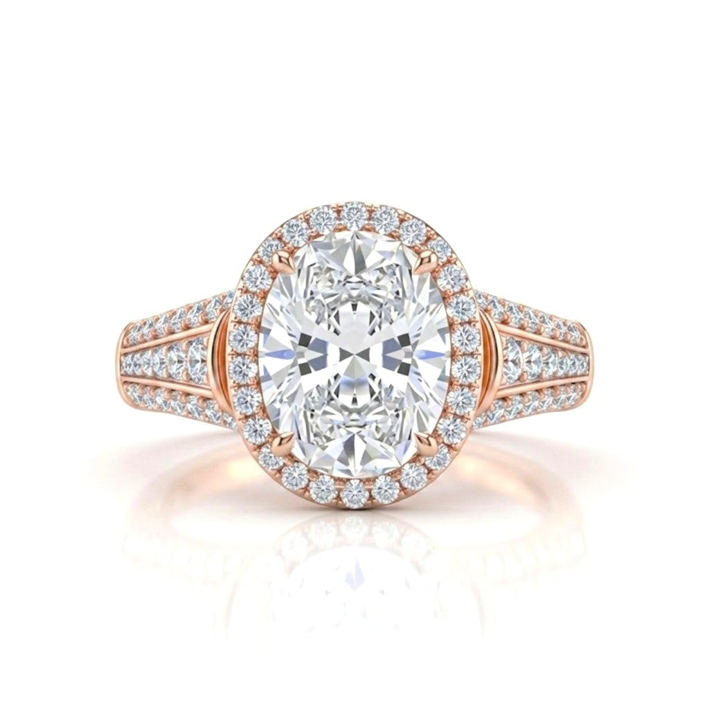 Rose Gold Oval Diamond Halo Engagement Ring With Triple Split Pave Shank