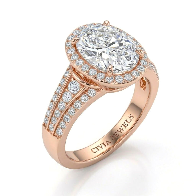 Rose Gold Oval Diamond Halo Engagement Ring With Triple Split Pave Shank