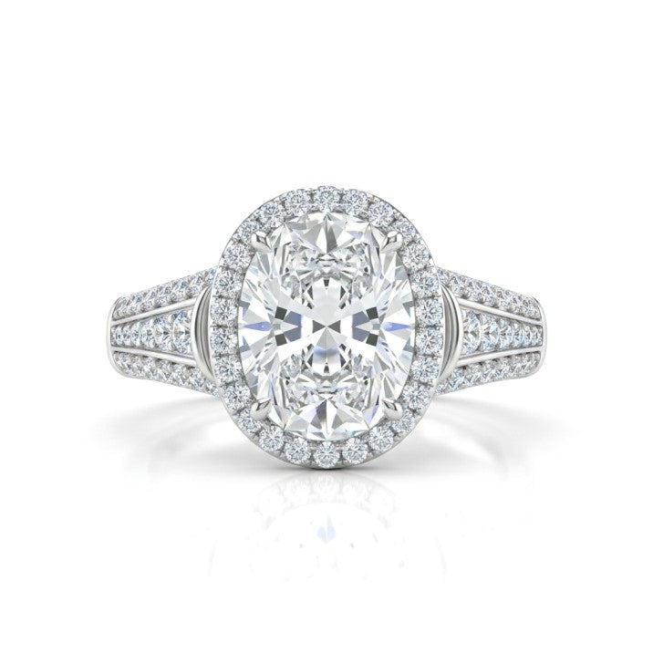 Silver Oval Diamond Halo Engagement Ring With Triple Split Pave Shank