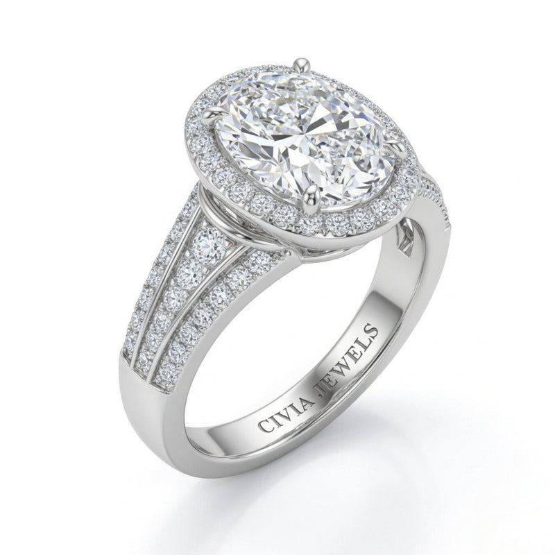 White Gold Oval Diamond Halo Engagement Ring With Triple Split Pave Shank