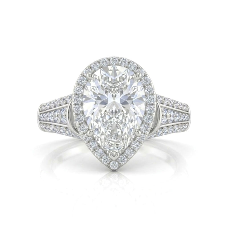 White Gold Pear Diamond Halo Engagement Ring With Triple Split Pave Shank