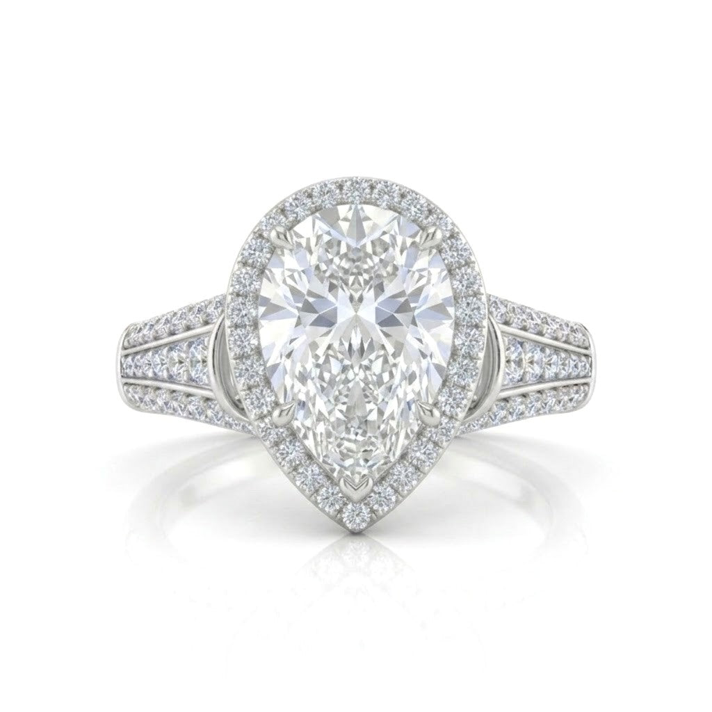 Silver Pear Diamond Halo Engagement Ring With Triple Split Pave Shank