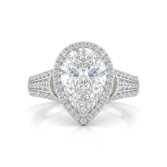 Silver Pear Diamond Halo Engagement Ring With Triple Split Pave Shank