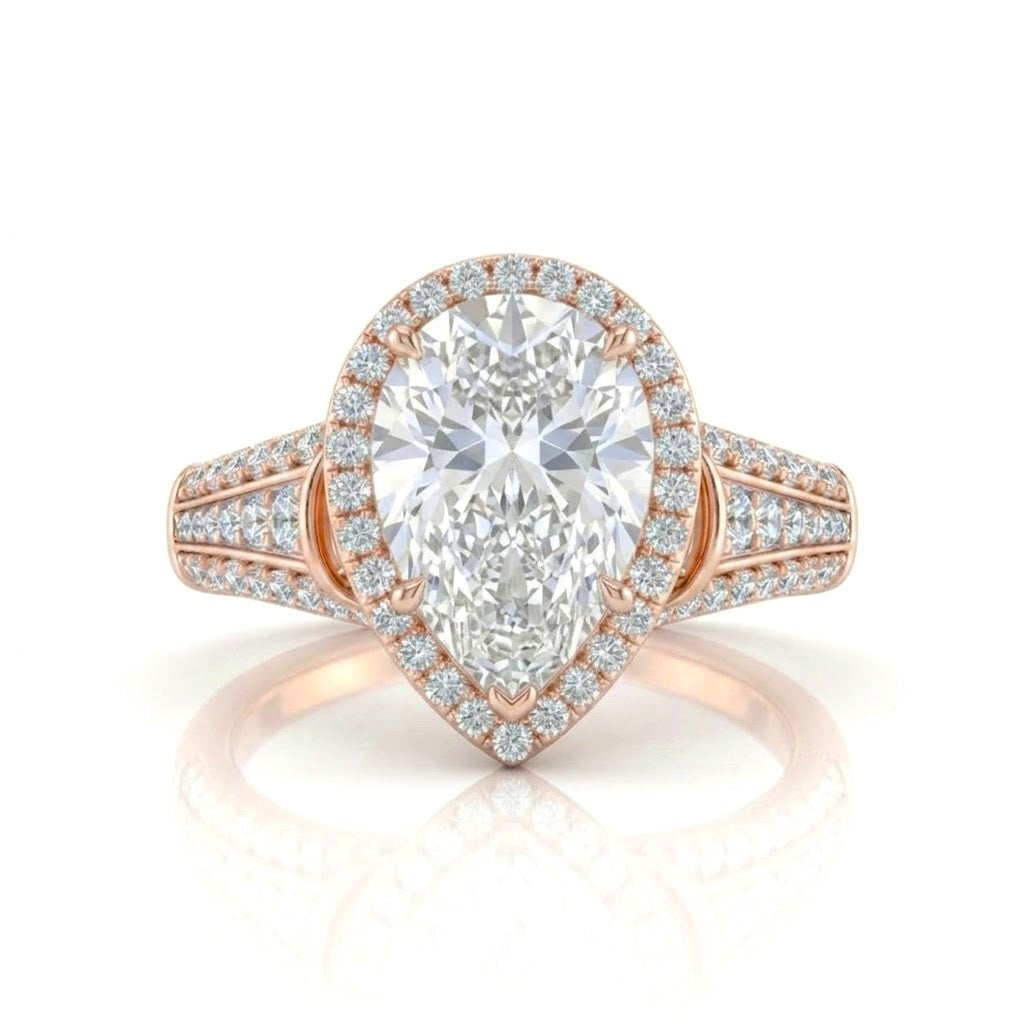 Rose Gold Pear Diamond Halo Engagement Ring With Triple Split Pave Shank