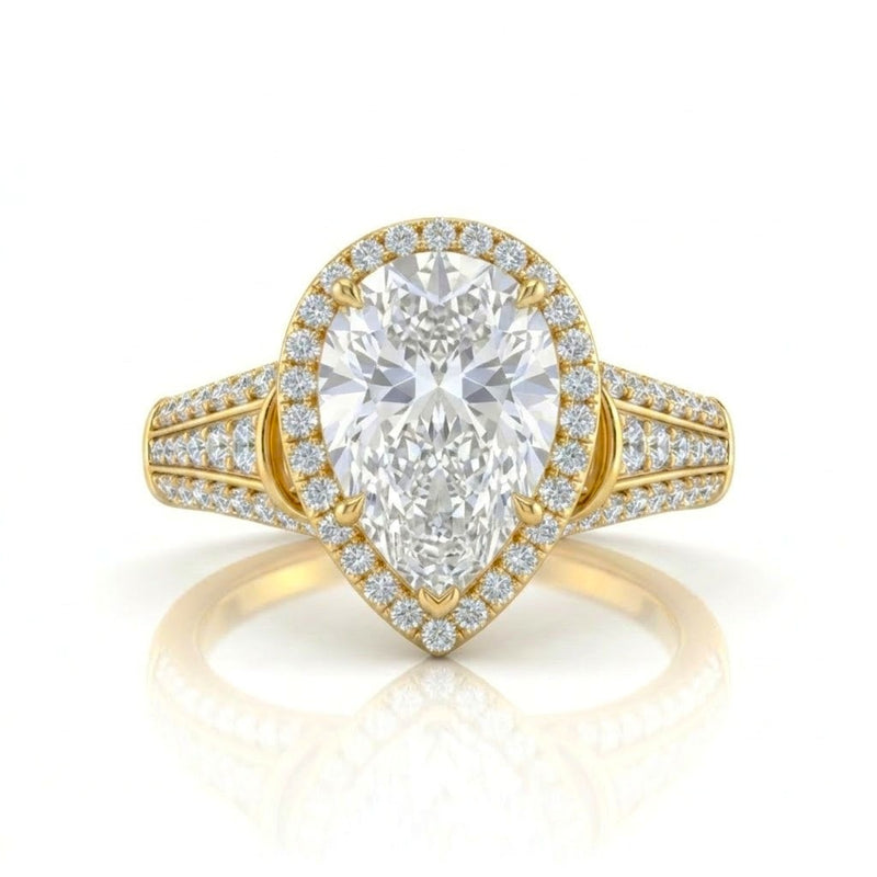 Yellow Gold Pear Diamond Halo Engagement Ring With Triple Split Pave Shank