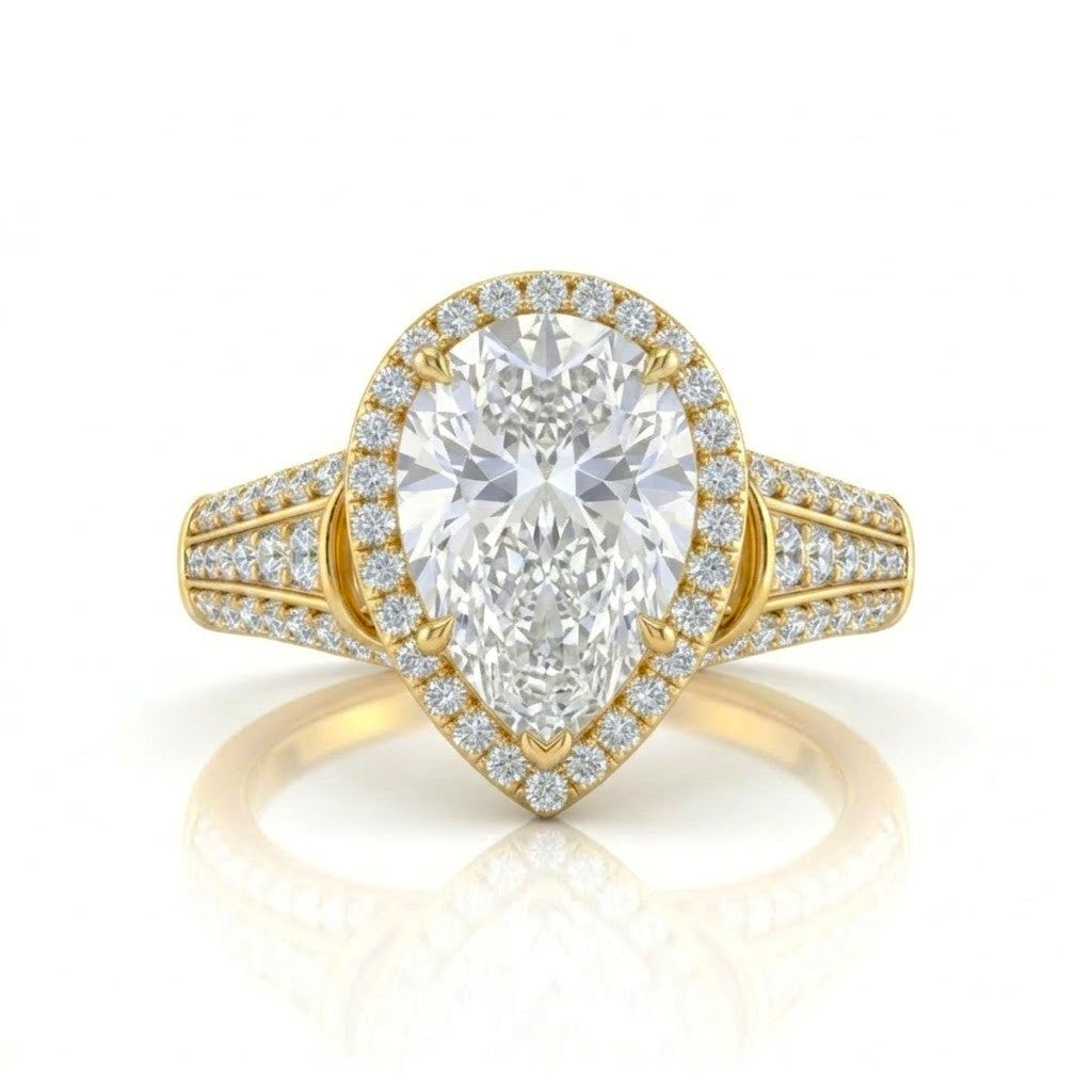 Yellow Gold Pear Diamond Halo Engagement Ring With Triple Split Pave Shank
