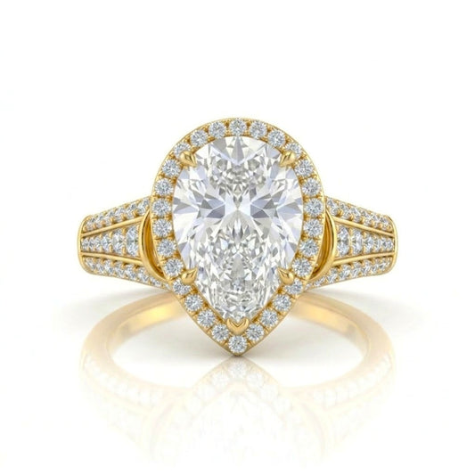 Yellow Gold Pear Diamond Halo Engagement Ring With Triple Split Pave Shank