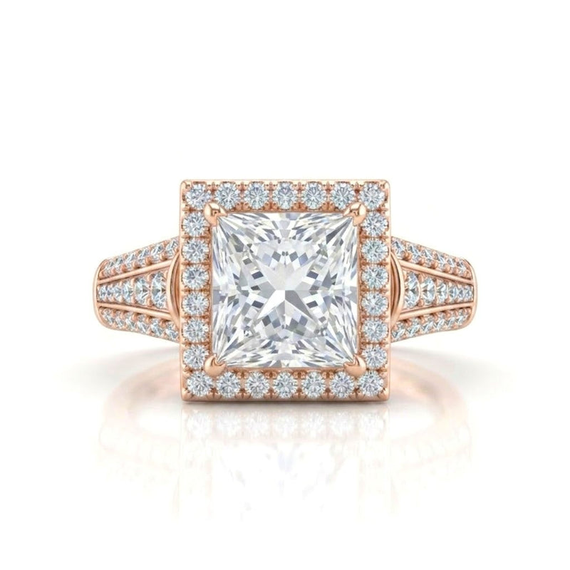 Rose Gold Princess Diamond Halo Engagement Ring With Triple Split Pave Shank