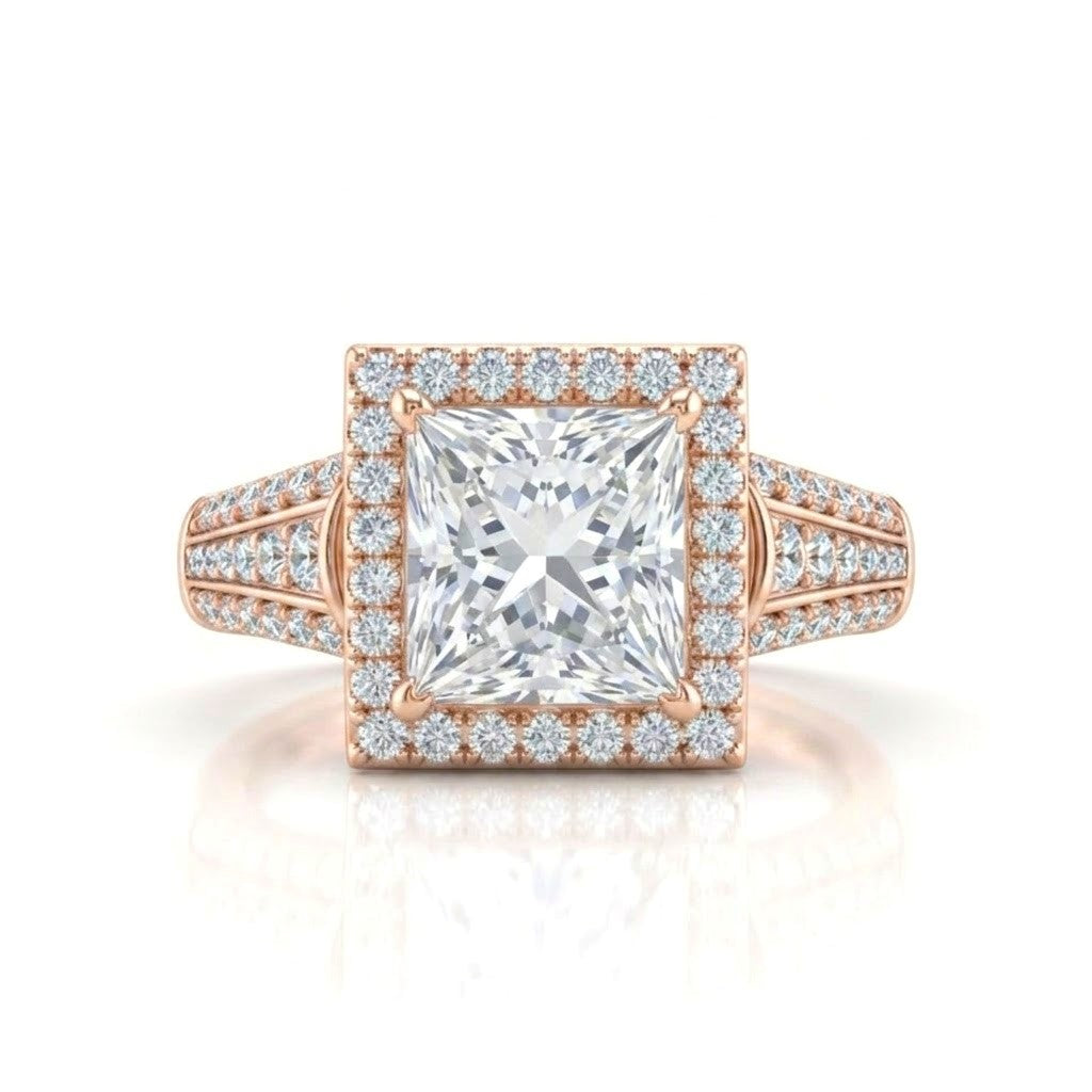 Rose Gold Princess Diamond Halo Engagement Ring With Triple Split Pave Shank