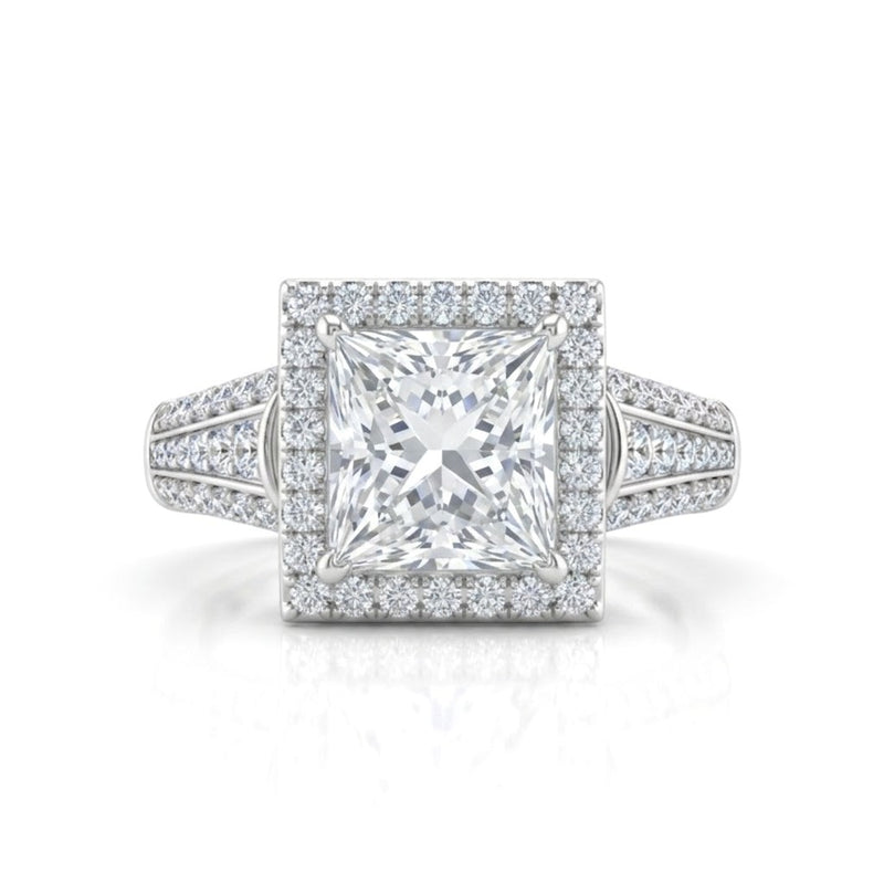 White Gold Princess Diamond Halo Engagement Ring With Triple Split Pave Shank