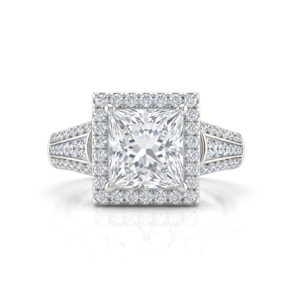 Silver Princess Diamond Halo Engagement Ring With Triple Split Pave Shank