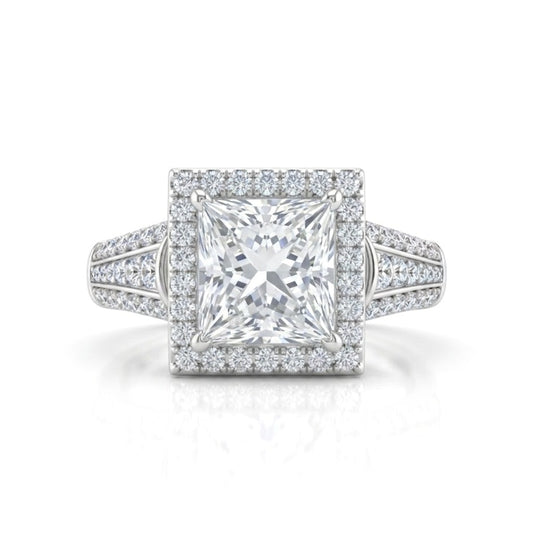 Silver Princess Diamond Halo Engagement Ring With Triple Split Pave Shank