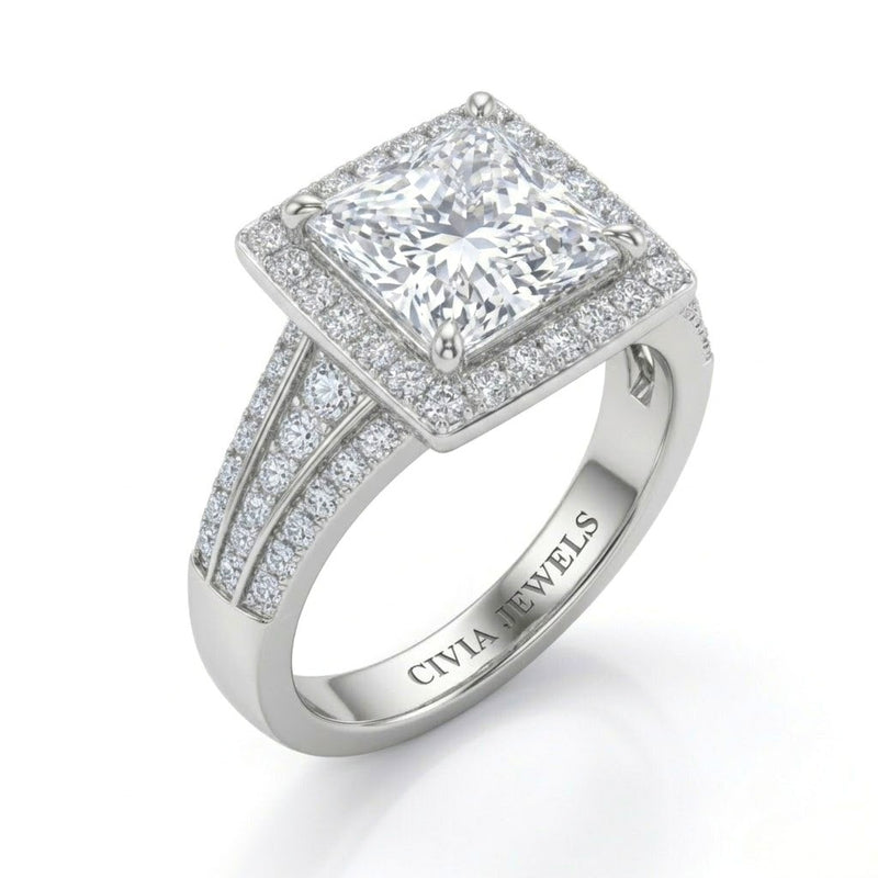 Silver Princess Diamond Halo Engagement Ring With Triple Split Pave Shank