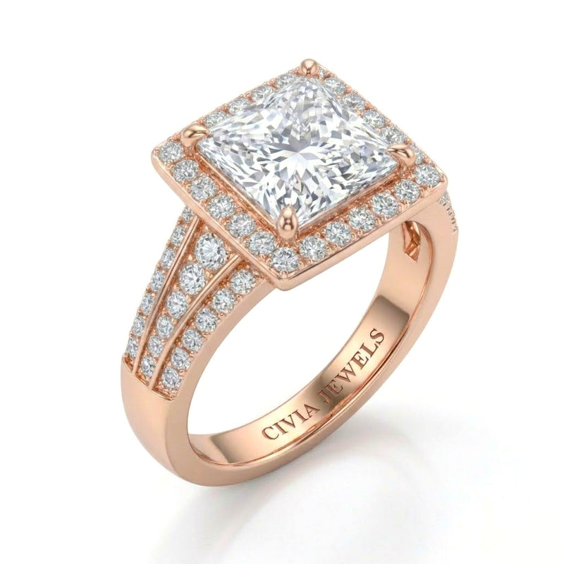 Rose Gold Princess Diamond Halo Engagement Ring With Triple Split Pave Shank