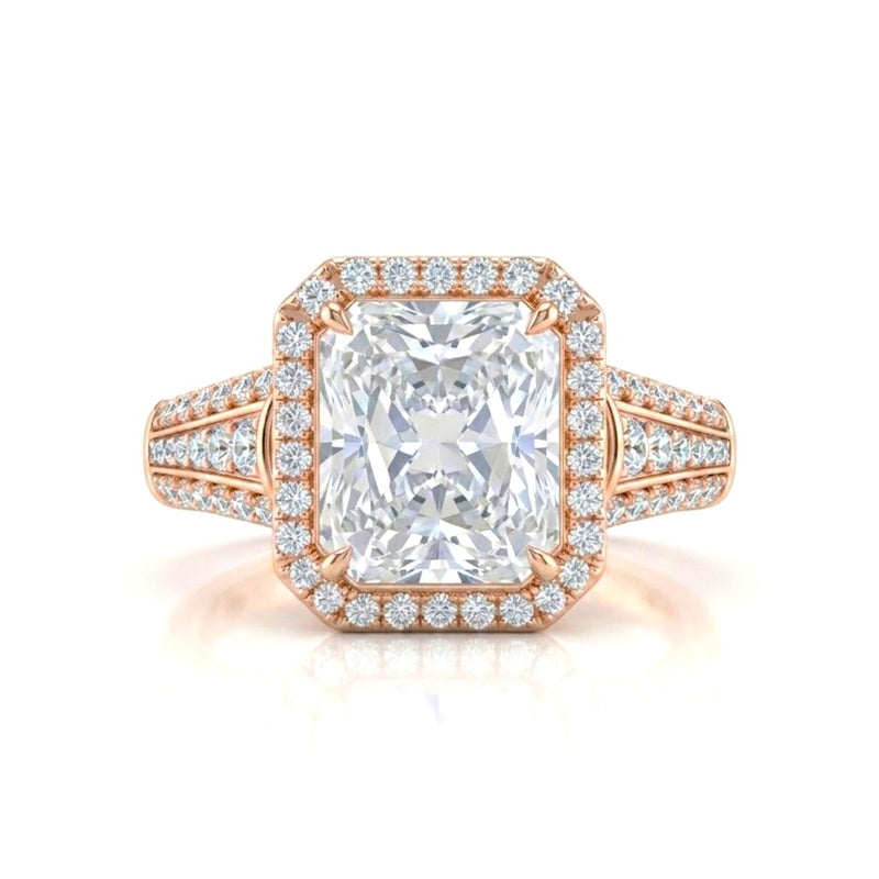 Rose Gold Radiant Diamond Halo Engagement Ring With Triple Split Pave Shank