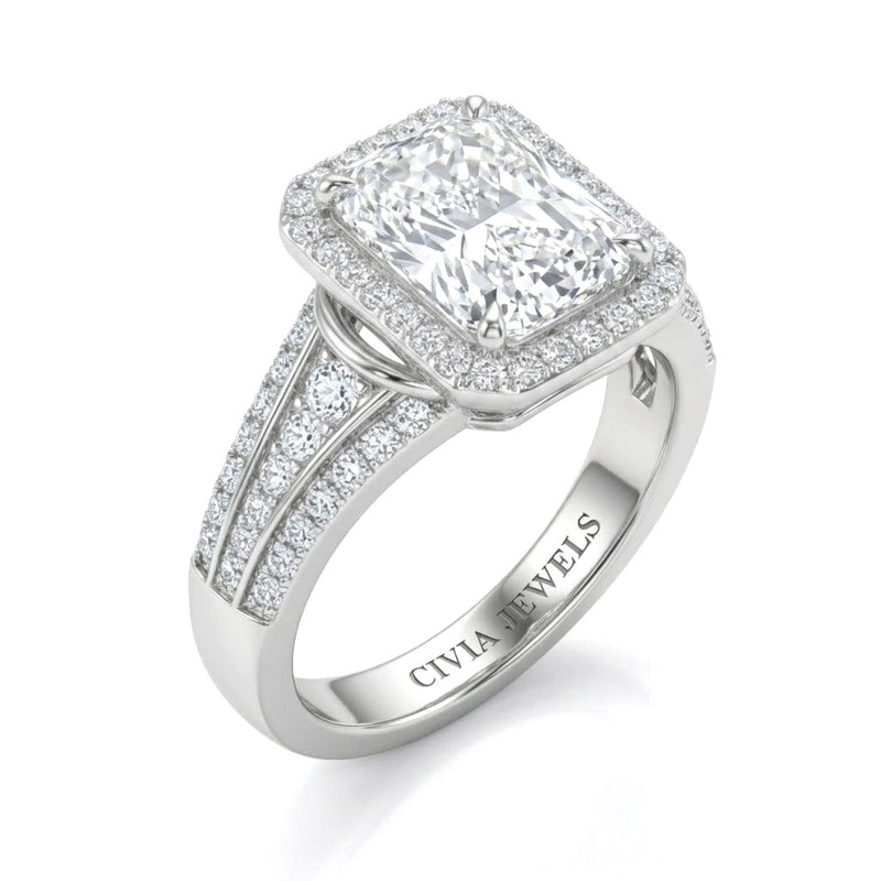 Silver Radiant Diamond Halo Engagement Ring With Triple Split Pave Shank