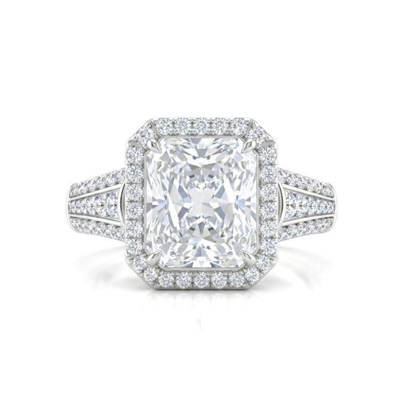 White Gold Radiant Diamond Halo Engagement Ring With Triple Split Pave Shank