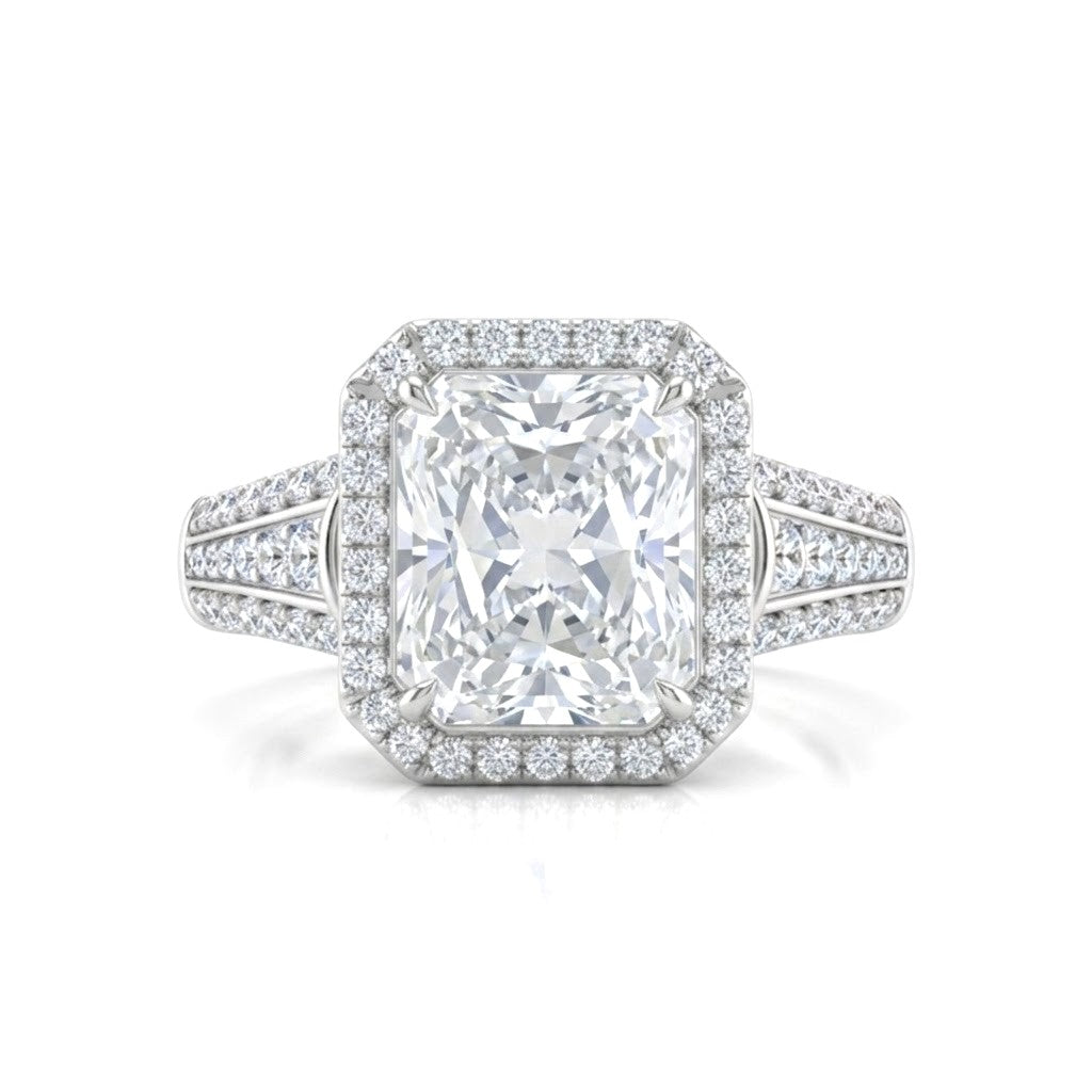White Gold Radiant Diamond Halo Engagement Ring With Triple Split Pave Shank