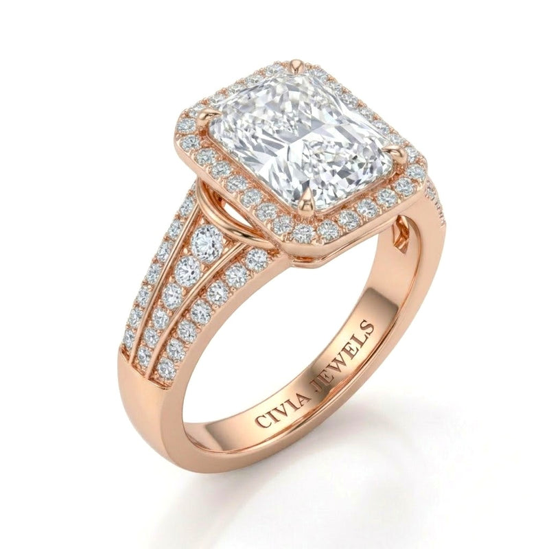 Rose Gold Radiant Diamond Halo Engagement Ring With Triple Split Pave Shank