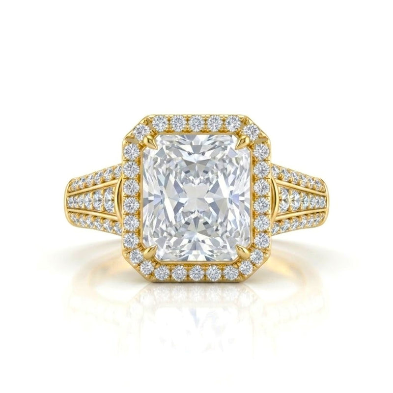 Yellow Gold Radiant Diamond Halo Engagement Ring With Triple Split Pave Shank