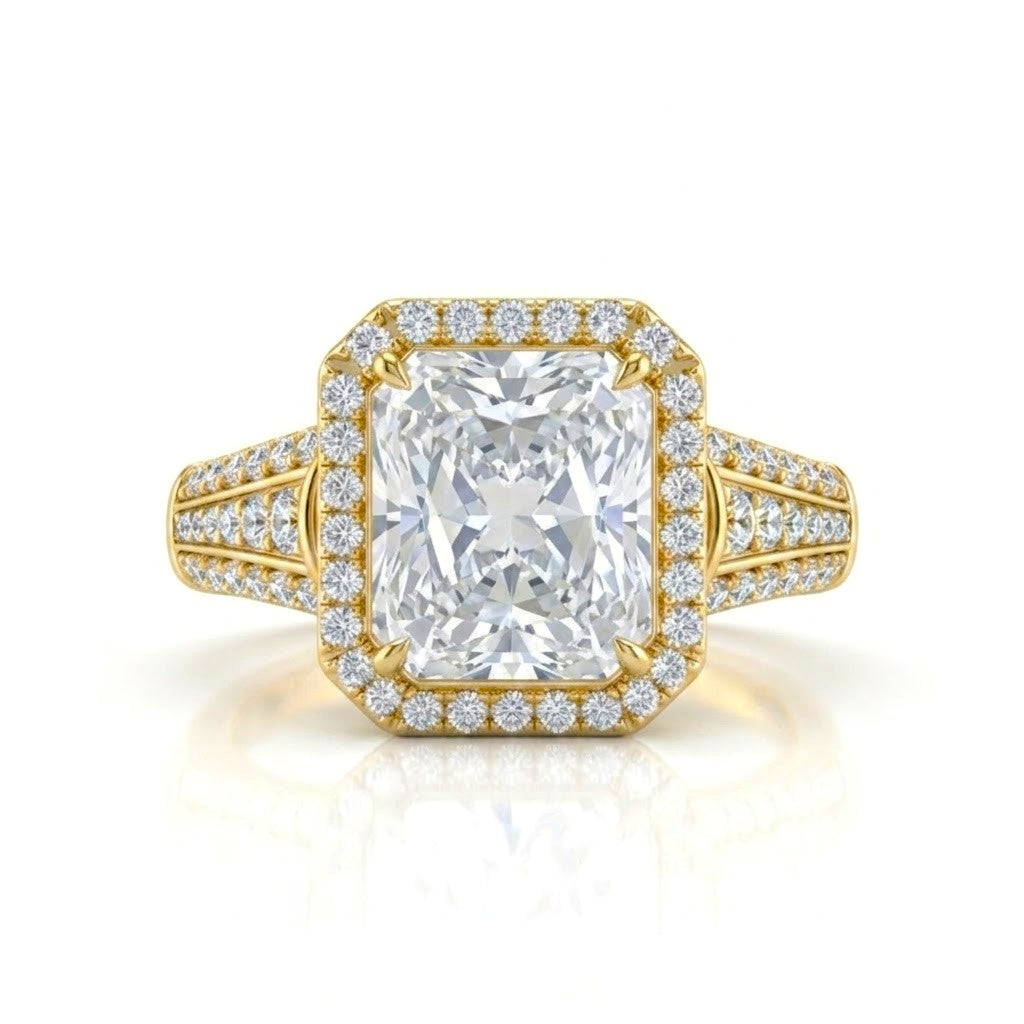 Yellow Gold Radiant Diamond Halo Engagement Ring With Triple Split Pave Shank