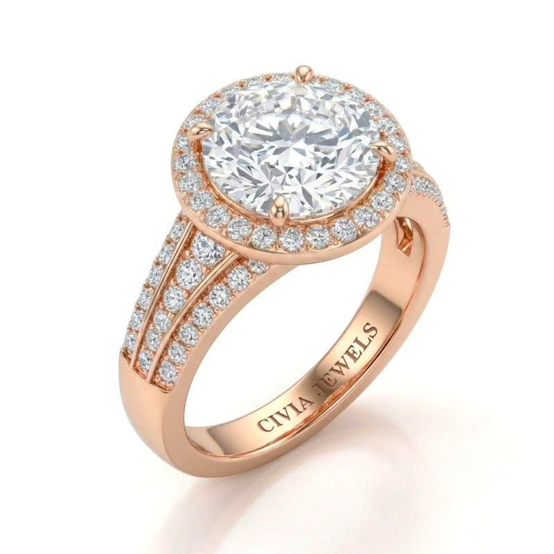 Rose Gold Round Diamond Halo Engagement Ring With Triple Split Pave Shank